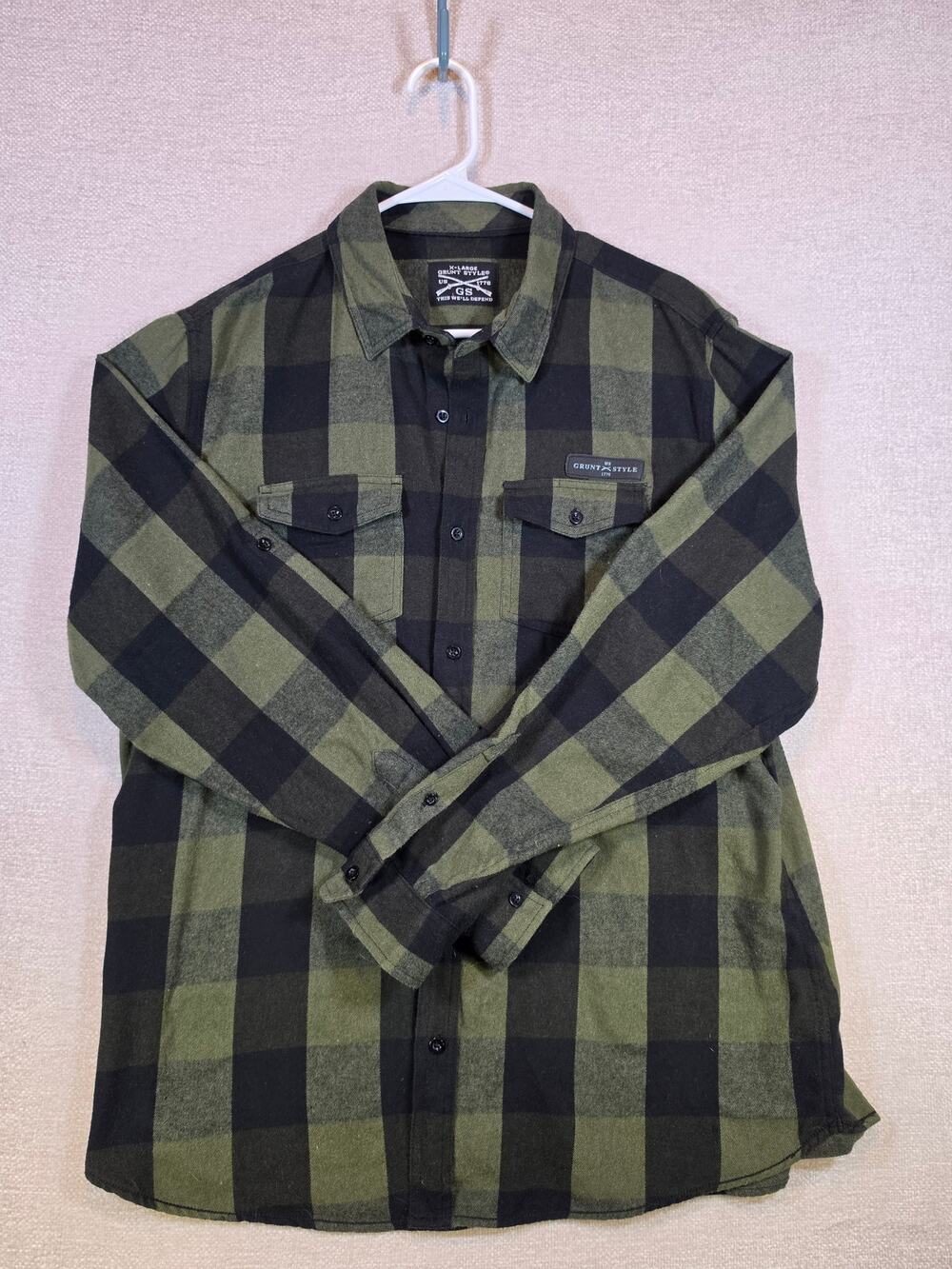 Grunt Style Buffalo Plaid Flannel Shirt Green Black Button Up Men Size XL